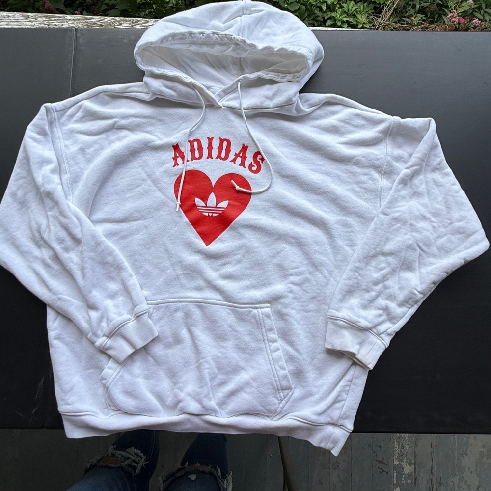 Adidas Originals Red Heart Trefoil‎ Logo White Hoodie FH8566 Womens Large